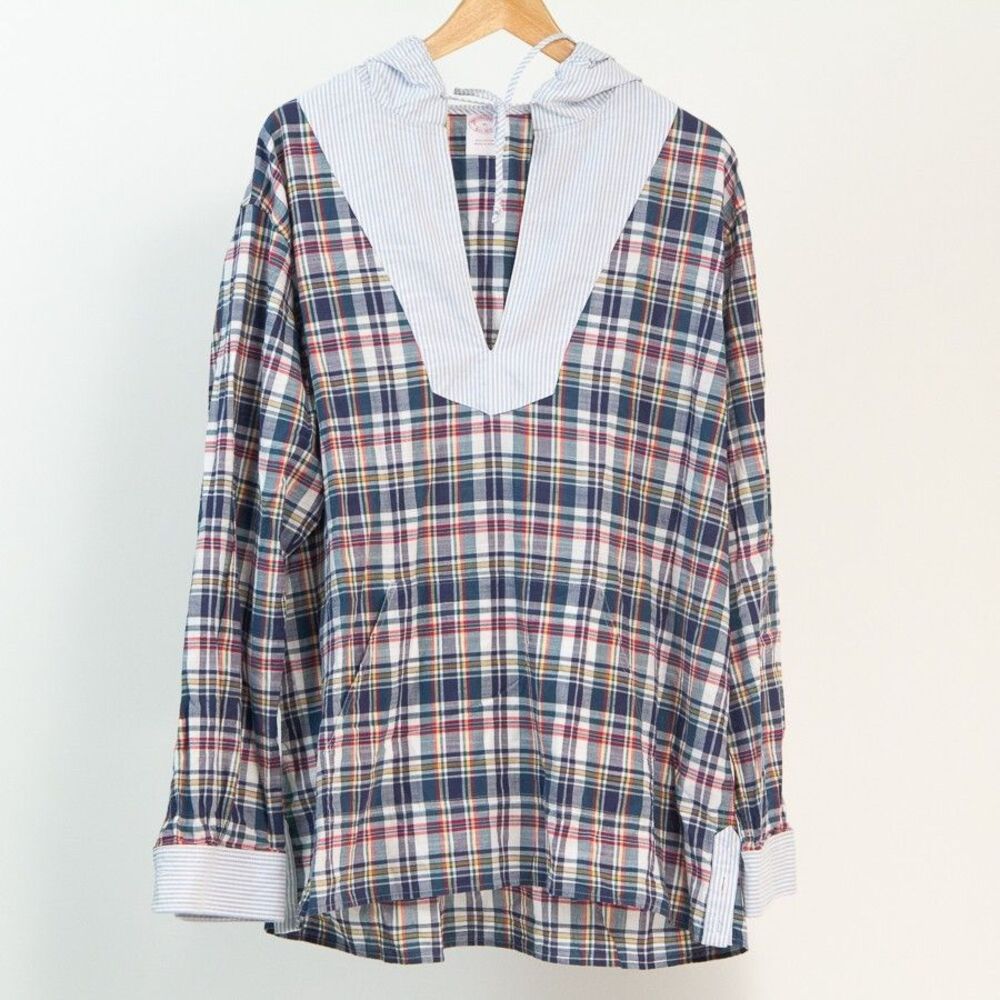 Brooks Brothers Cotton Hooded Striped & Multi Plaid Pullover Pancho Shirt, XL